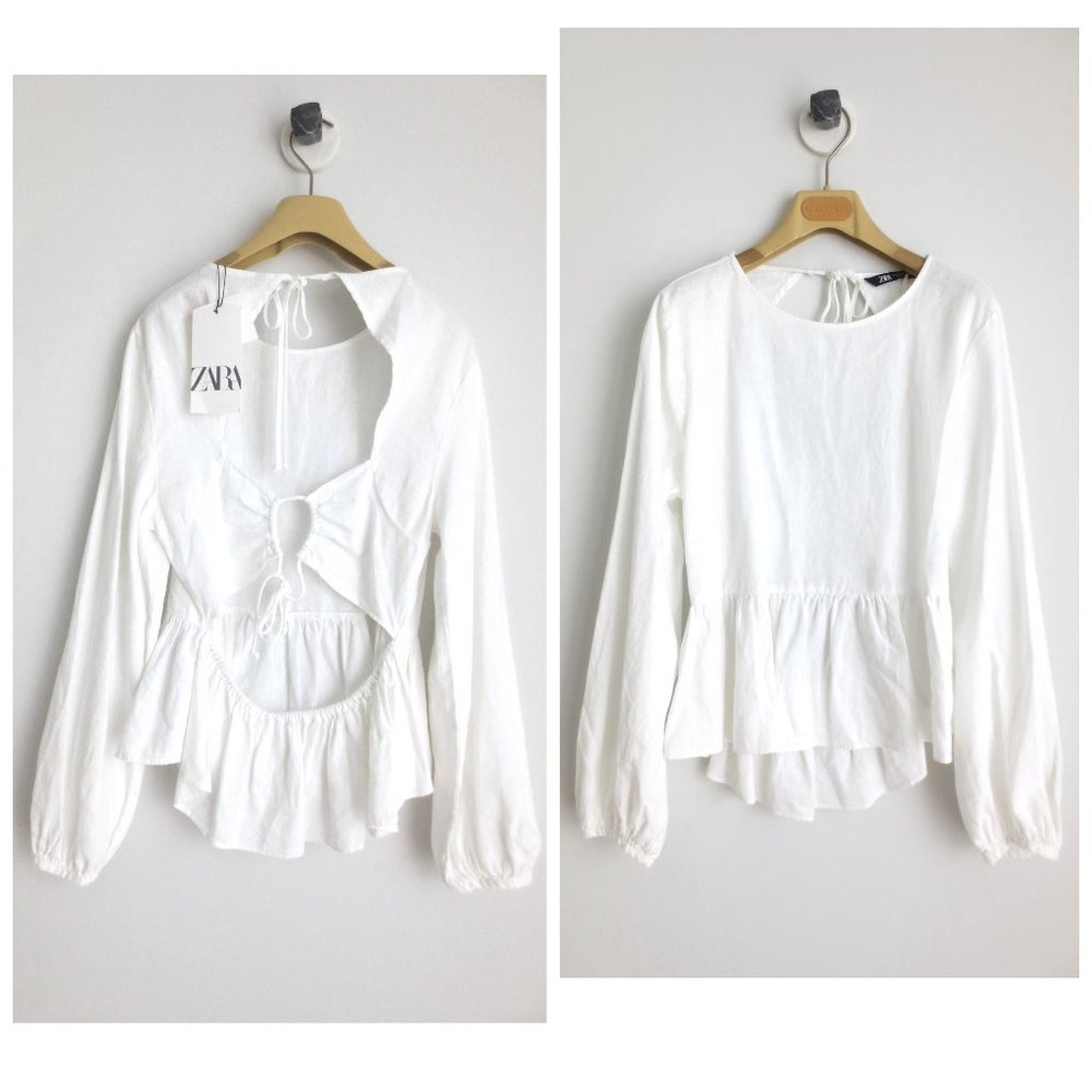 NWT ZARA LINEN BLEND PEPLUM TOP BLOUSE 8123/709 Sz-M